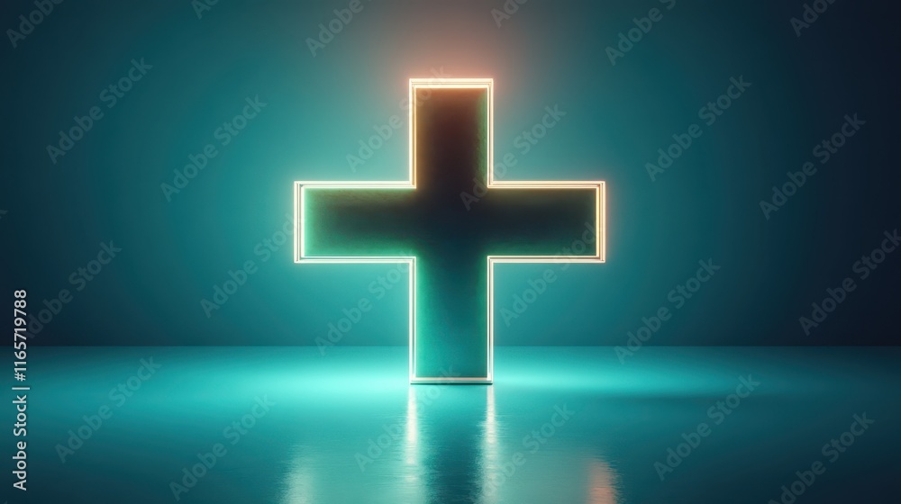 Fototapeta premium Glowing green plus sign floating in a serene dark background, creating a captivating visual contrast