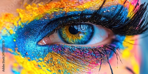 Woman's eye is painted with a colorful design