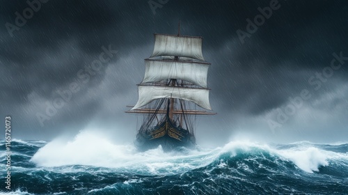 Stormbound sailing ship battles raging waves.