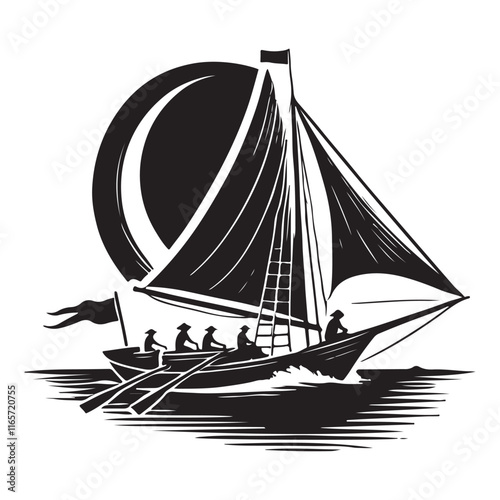 Sailing Silhouette Vector Illustration, Solid White Background.
