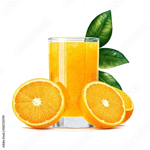 Glass of orange juice with a slice of orange on the side