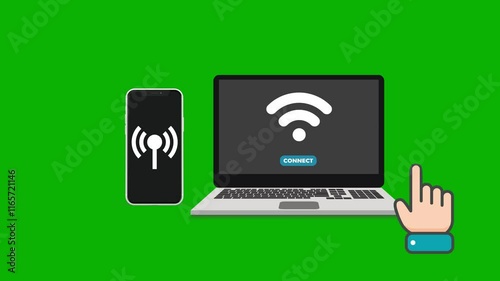 Seamless Digital Link, Wi-Fi Integration Animation Bridging Smartphone and Laptop on a Dynamic Green Screen Backdrop