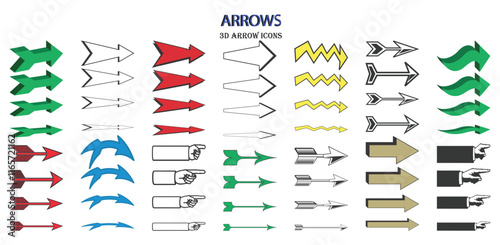 Set of 3D arrow icons. Plasticine style symbols with direction indicators and up, down, right and left pointing signs. Set of various color 3d arrrow icons