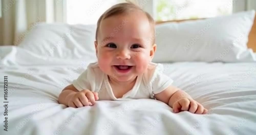 A baby happily smiles while lying on the bed. A baby happily smiles while lying on the bed.