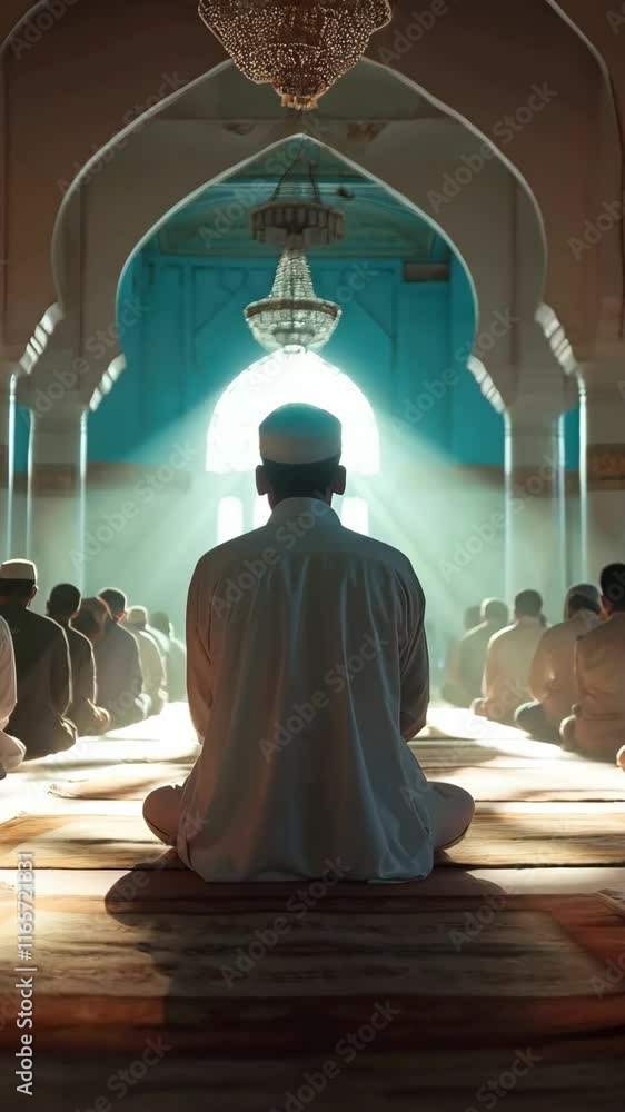 Back view of men praying sitting on the ground of interior of Mosque. Ramadan concept Back view of men praying sitting on the ground of interior of Mosque. Ramadan concept