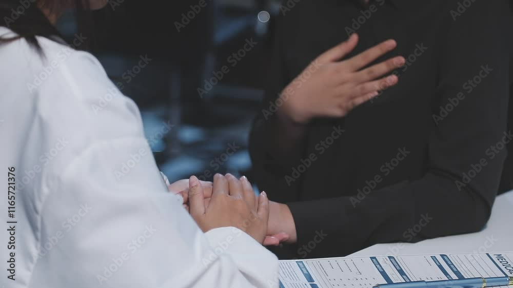 Doctor giving hope. Close up shot of young female physician leaning forward to smiling elderly lady patient holding her hand in palms. Woman caretaker in white coat supporting encouraging old person Doctor giving hope. Close up shot of young female physician leaning forward to smiling elderly lady patient holding her hand in palms. Woman caretaker in white coat supporting encouraging old person