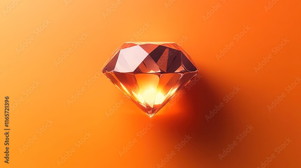 A minimalist clipart of a single sharp-edged diamond, glowing with internal facets, floating on a matte orange background. Pure and symmetrical. A minimalist clipart of a single sharp-edged diamond, glowing with internal facets, floating on a matte orange background. Pure and symmetrical.