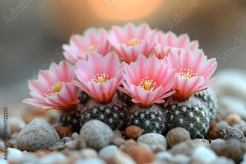 Blooming pink cactus flowers nestled amongst small stones. photo