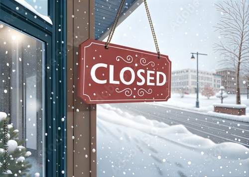 Red 'Closed' Sign Hanging in Snowy Winter Weather with Falling Snowflakes