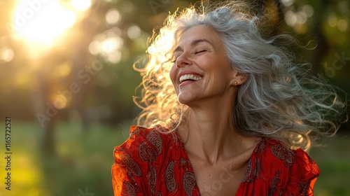 Joyful older woman with silver hair smiling in a sunny outdoor park during late afternoon