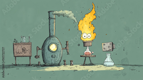 A whimsical cartoon of a Bunsen burner bringing inanimate laboratory equipment to life with its flame. photo