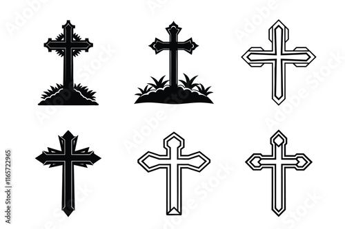 Set of Christian cross liner and silhouette, Religious cross icon illustration