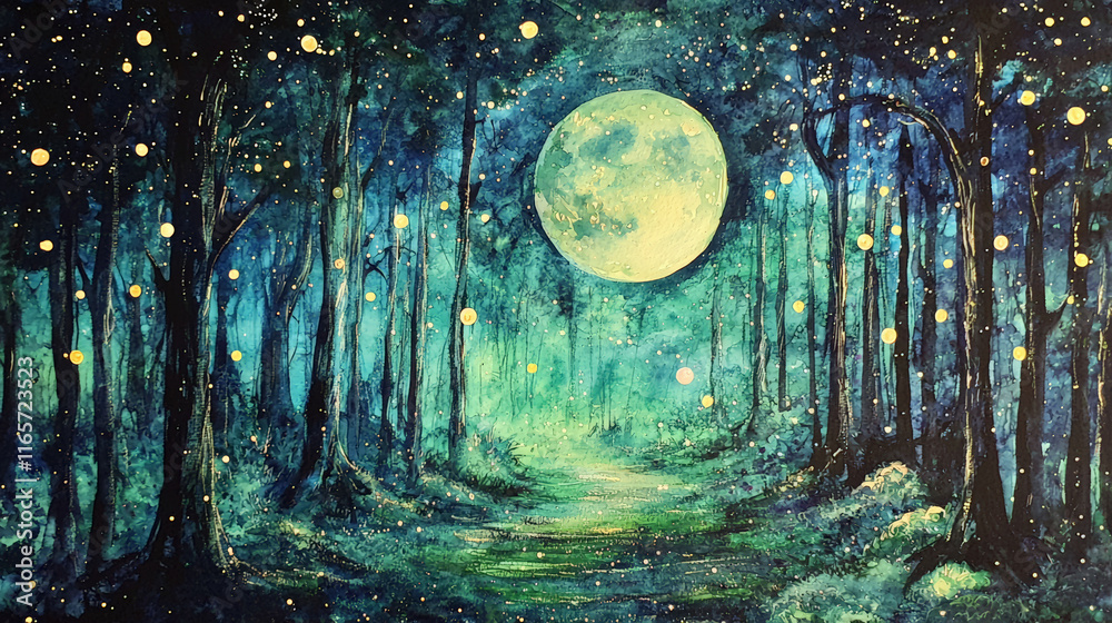 Obraz premium Moonlit forest with glowing fireflies and large full moon illuminating scene