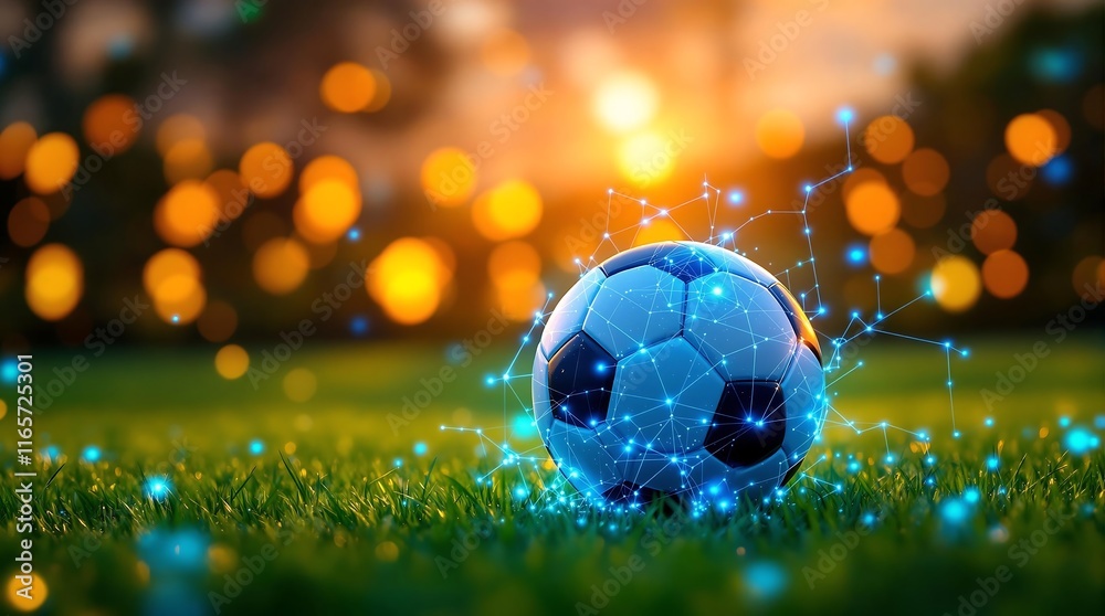 Fototapeta premium Dynamic Soccer Ball on Field with Digital Analysis Graphics, Showcasing Sports Data Analytics