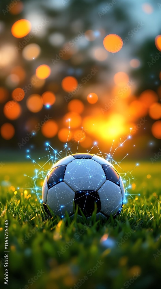 Fototapeta premium Dynamic Soccer Ball on Field with Digital Analysis Graphics, Showcasing Sports Data Analytics