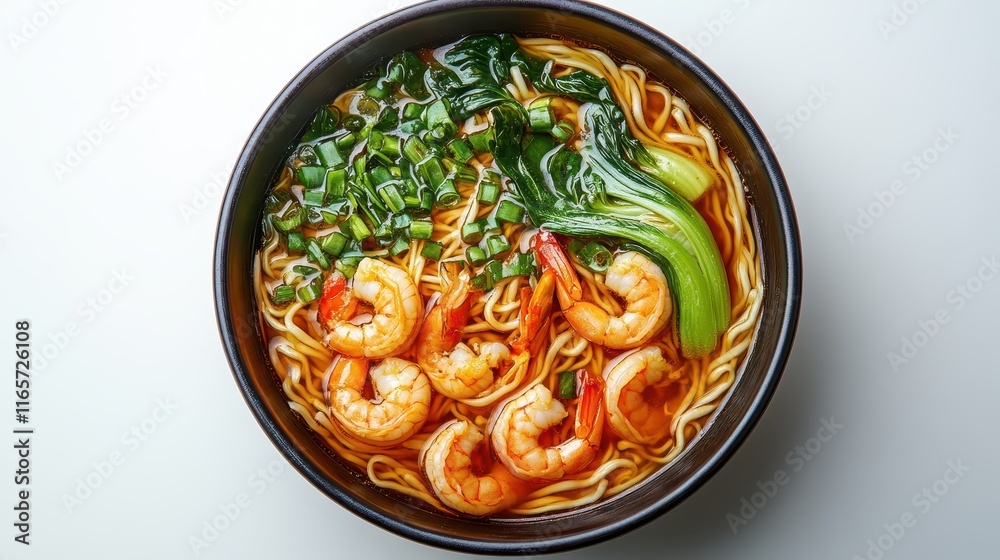 Bowl of shrimp noodles topped with fresh bok choy and green onions from a top-down perspective Bowl of shrimp noodles topped with fresh bok choy and green onions from a top-down perspective