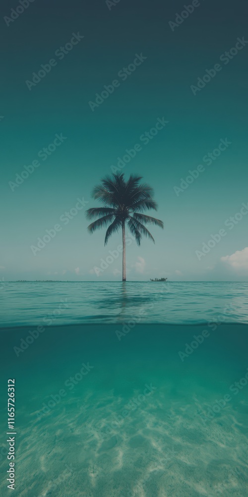 Fototapeta premium Underwater split shot reveals a solitary palm tree standing on a tranquil seascape at sunset