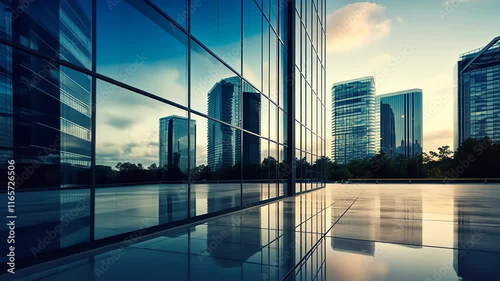 Modern office building or business center. High-rise window buildings made of glass reflect the clouds and the sunset. empty street outside wall modernity civilization. growing up business Modern office building or business center. High-rise window buildings made of glass reflect the clouds and the sunset. empty street outside wall modernity civilization. growing up business