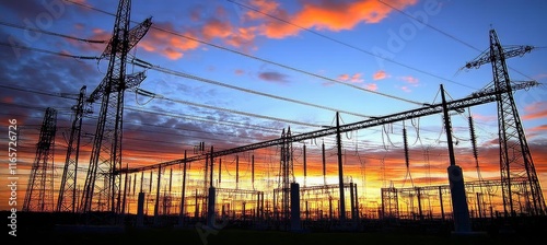 Electrical Power Substation at Sunset, Switchgear, Transmission Towers, and Power Distribution
