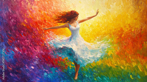 A woman celebrating life with a vibrant dance in a rainbow of colors, showcasing her joy.