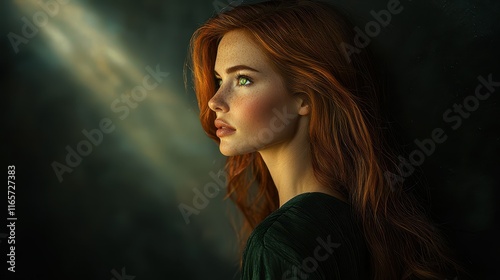 Woman with green eyes and auburn hair gazes thoughtfully in soft light against a dark background