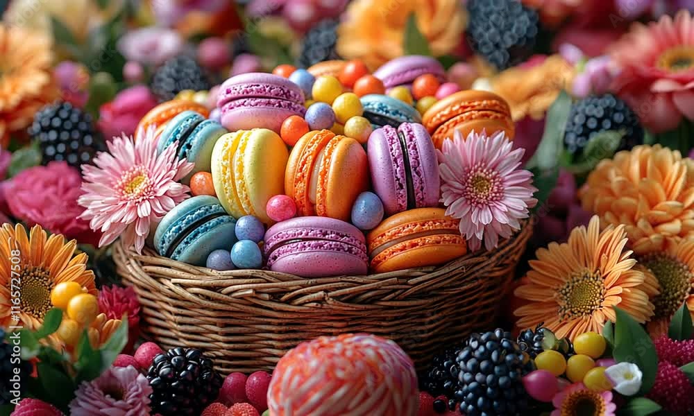 Colorful macarons in a wicker basket surrounded by flowers and candies. Colorful macarons in a wicker basket surrounded by flowers and candies.