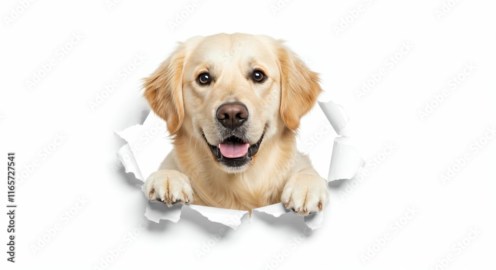 Friendly Golden Retriever Peeking Through Torn Paper - Playful and Cheerful Dog Illustration Friendly Golden Retriever Peeking Through Torn Paper - Playful and Cheerful Dog Illustration