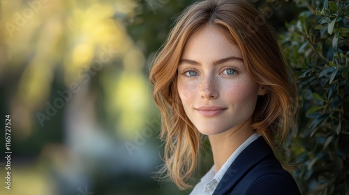 Bright-eyed woman with auburn hair smiles softly amid greenery during a sunny afternoon