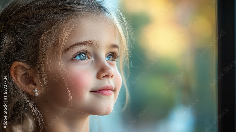 Young child gazes thoughtfully out the window during a warm afternoon Young child gazes thoughtfully out the window during a warm afternoon