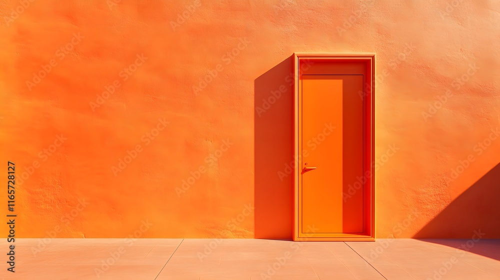 An orange wall with an open door, the door is in front of it, orange floor, orange walls, minimalist style An orange wall with an open door, the door is in front of it, orange floor, orange walls, minimalist style