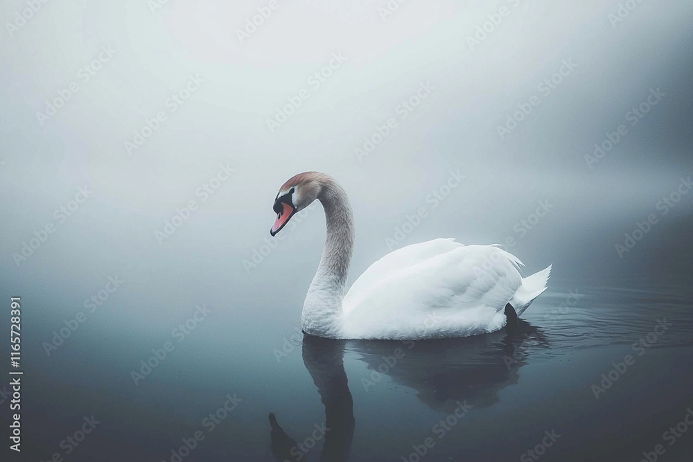 Elegant swan gliding on serene foggy water Elegant swan gliding on serene foggy water