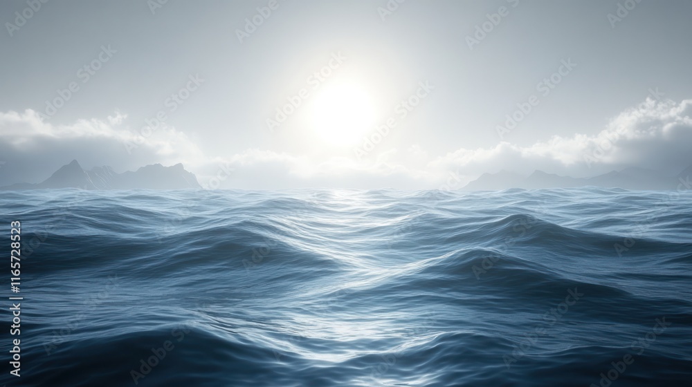 Fototapeta premium Sunlit ocean waves with distant misty islands.