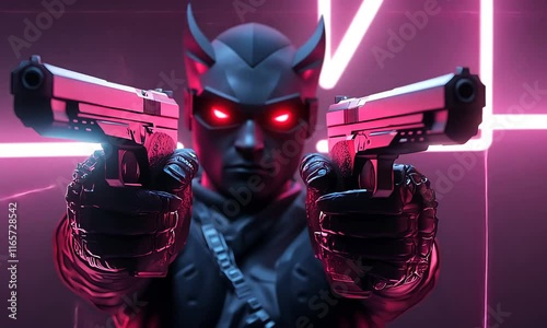 A masked figure holds two guns, illuminated by neon lights in a dramatic, cyberpunk setting.