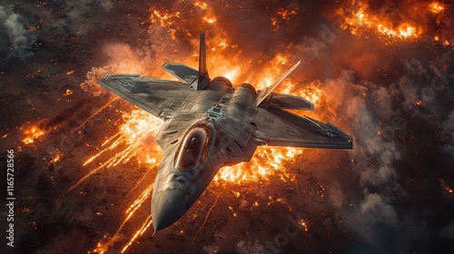 Advanced fighter jet executes a precision strike over a fiery battlefield during a critical military operation
