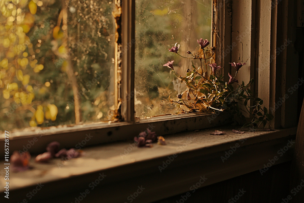 Flowers thrive in a sunlit window frame Flowers thrive in a sunlit window frame