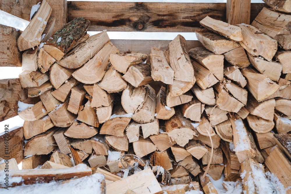 A large, neatly arranged pile of logs stacked meticulously on top of each other, resting in a blanket of soft white snow, creating a striking contrast between the wood and the cold surface A large, neatly arranged pile of logs stacked meticulously on top of each other, resting in a blanket of soft white snow, creating a striking contrast between the wood and the cold surface