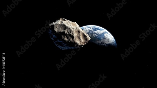 Asteroid Apophis illuminated by sunlight with Earth visible in the distance at dawn