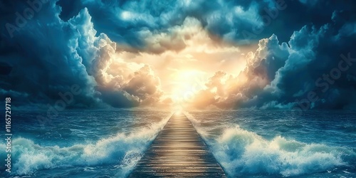 Bridge is shown in the water with the sun shining through the clouds