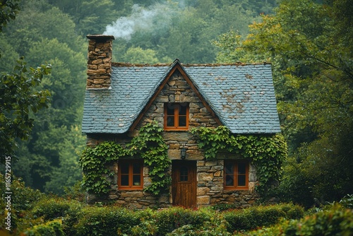 Charming stone cottage surrounded by lush greenery in a tranquil forest setting photo