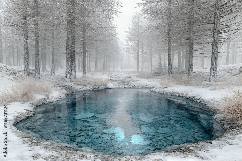 Naklejka premium Serene winter scene a crystal-clear pond nestled within a snow-covered forest, the trees frosted with winter's touch.