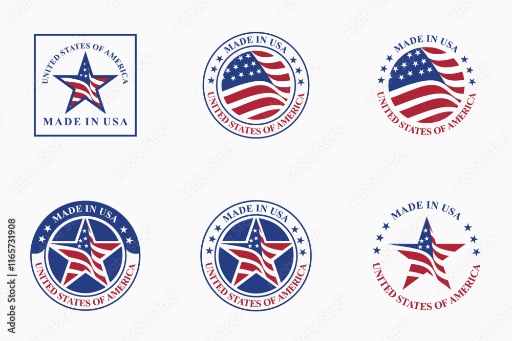 set of vector designs of circle of made in USA stamps with various US flag elements