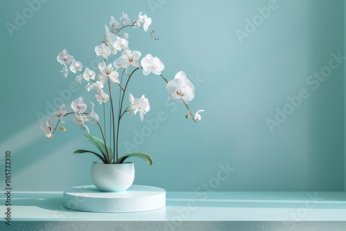 Elegant podium with delicate white flowers, Soft blue background, Minimalist round pedestal surrounded by cherry blossoms.	
