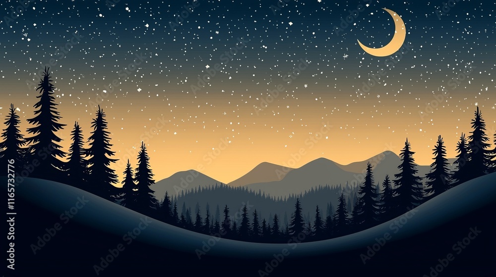 Fototapeta premium A serene night landscape featuring mountains, trees, and a crescent moon under a starry sky.
