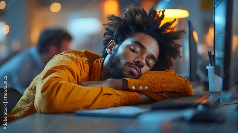 A man in a yellow shirt is sleeping on a desk A man in a yellow shirt is sleeping on a desk