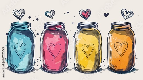Hand Drawn Mason Jar with Four Love Quotes Cartoon Vector Illustration