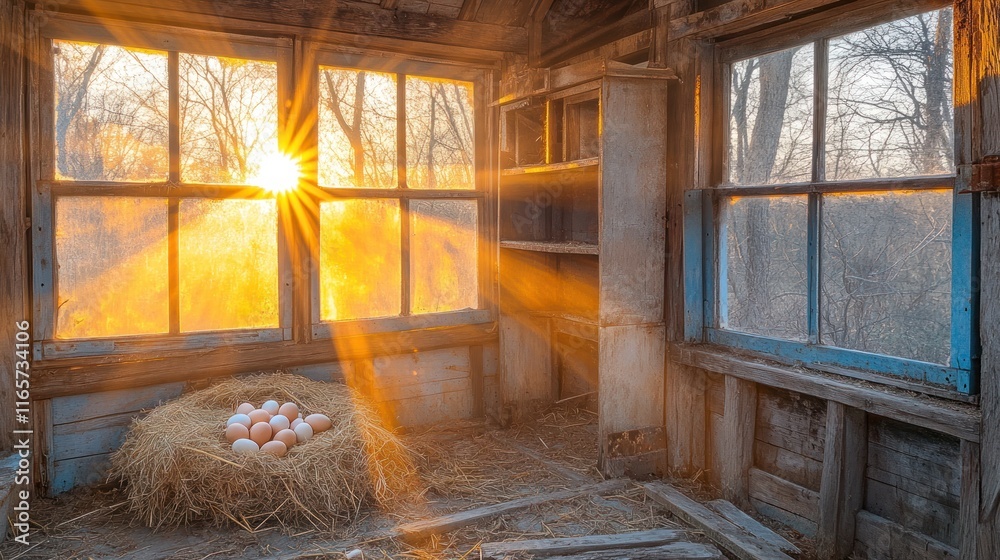 Sunrise through windows of rustic hen house with nest of eggs. Sunrise through windows of rustic hen house with nest of eggs.