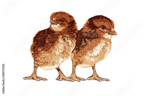 Two chickens chicks isolated. Cockrel vector image for graphic design.
