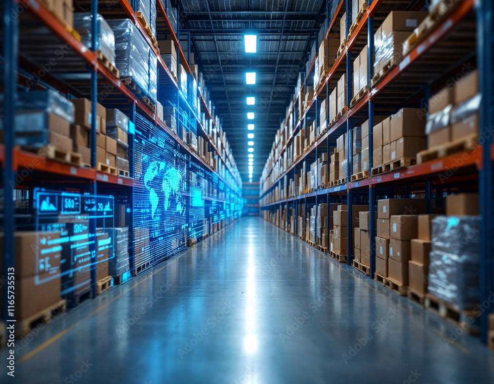 Modern warehouse interior showcasing stacked boxes and digital logistics displays in a well-lit environment