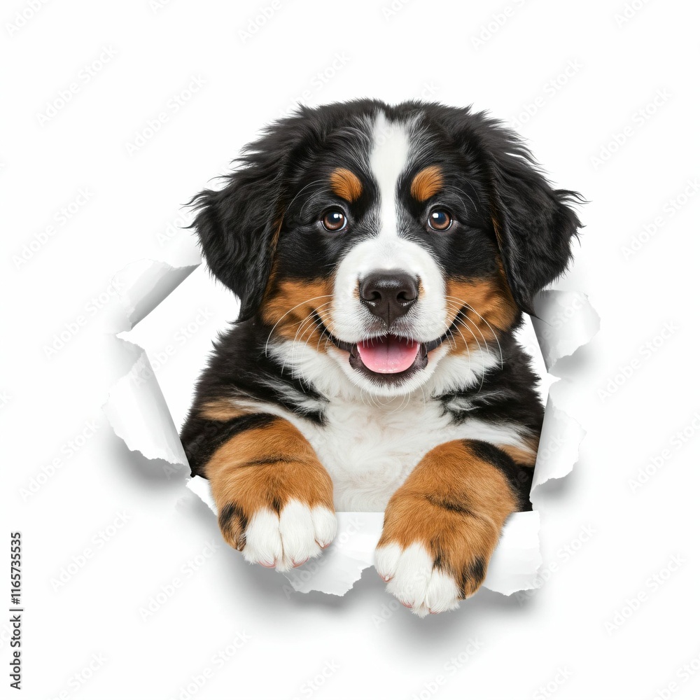 Adorable Bernese Mountain Dog Puppy Peeking Through Torn Paper - Fluffy and Playful Pet Design Adorable Bernese Mountain Dog Puppy Peeking Through Torn Paper - Fluffy and Playful Pet Design