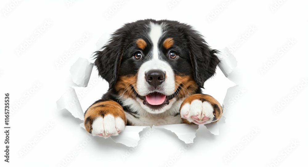 Adorable Bernese Mountain Dog Puppy Peeking Through Torn Paper - Fluffy and Playful Pet Design